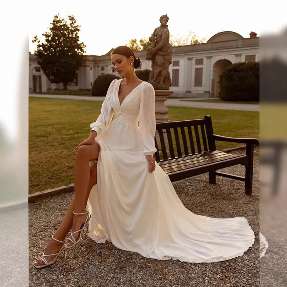 Bridal Chiffon Deep V Satin Long Sleeve Light Yarn Gown