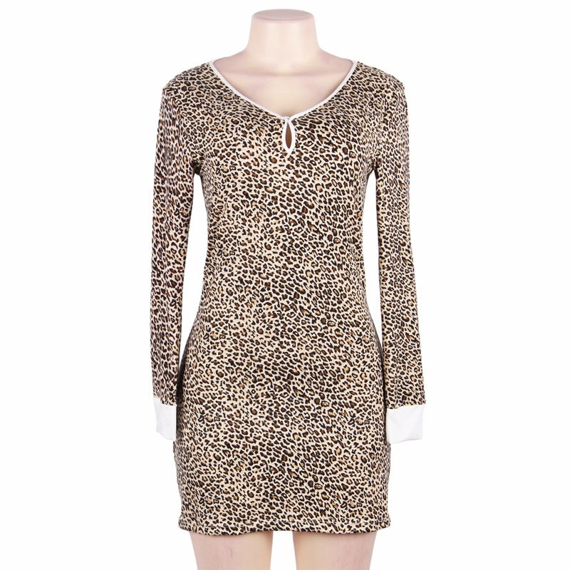 Women's Fashion Simple Leopard Print Long-sleeved Pajamas Home Nightdress