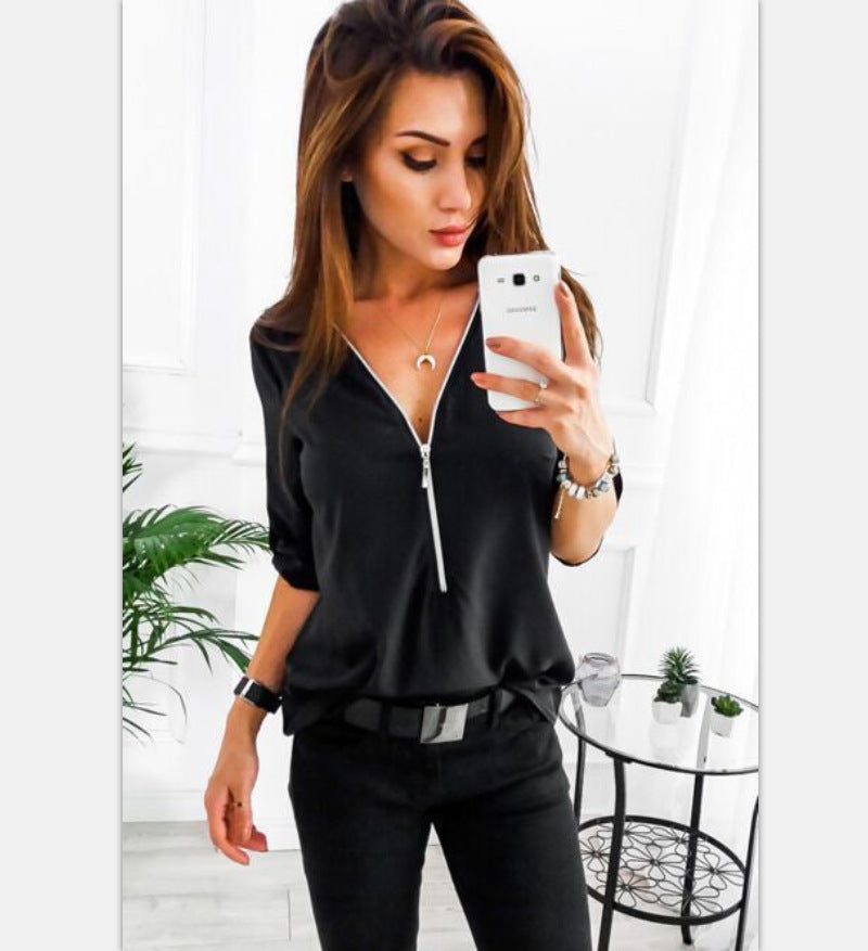 Solid Color Pullover Zipper Loose Women's Long-sleeved Shirt