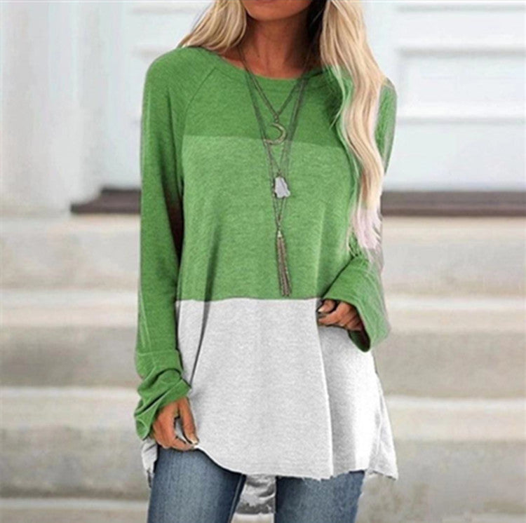 Casual Round Neck Long Sleeve Color Block Print Pullover Loose Top