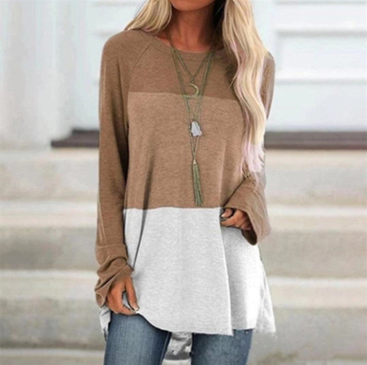 Casual Round Neck Long Sleeve Color Block Print Pullover Loose Top