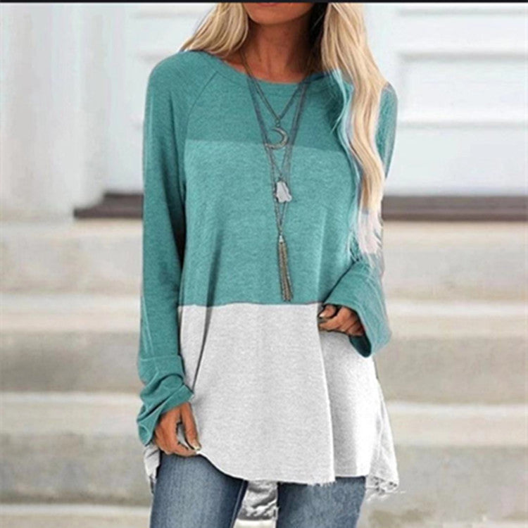 Casual Round Neck Long Sleeve Color Block Print Pullover Loose Top