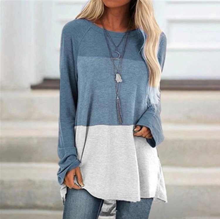 Casual Round Neck Long Sleeve Color Block Print Pullover Loose Top