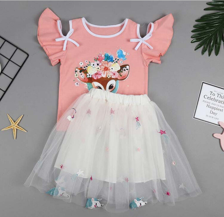 Girls Cartoon Print Short-sleeved T-shirt   Puffy Skirt