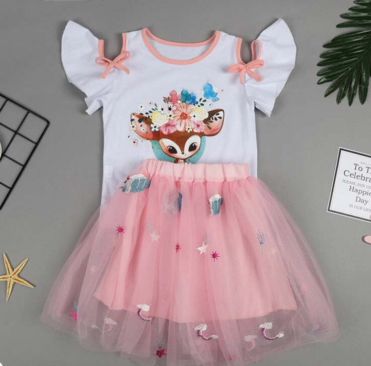 Girls Cartoon Print Short-sleeved T-shirt   Puffy Skirt