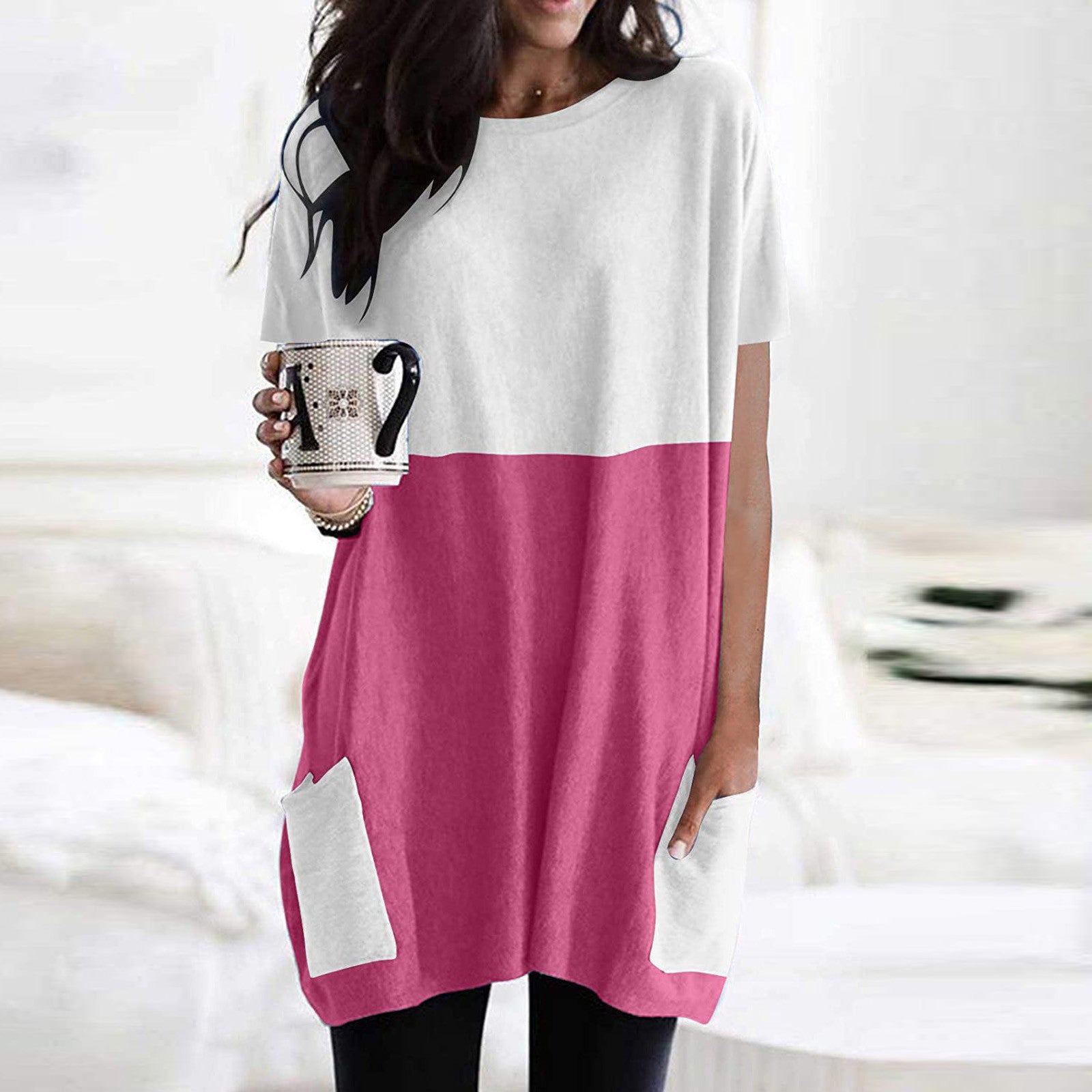 Solid Color Stitching Pocket Round Neck Short-sleeved T-shirt 2 Sections