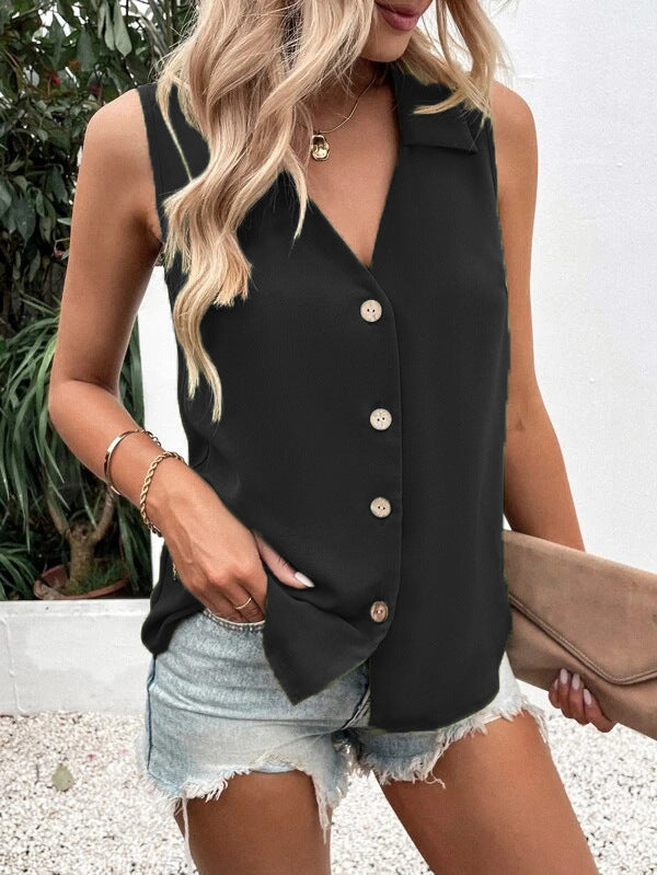 Women's Fashion Solid Color And V-neck Loose Chiffon Shirt Sleeveless Button Vest
