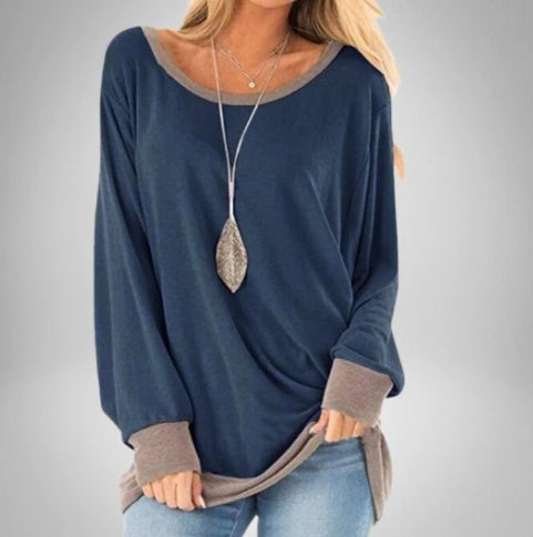 Women's Color Matching Round Neck Long-sleeved Loose T-shirt
