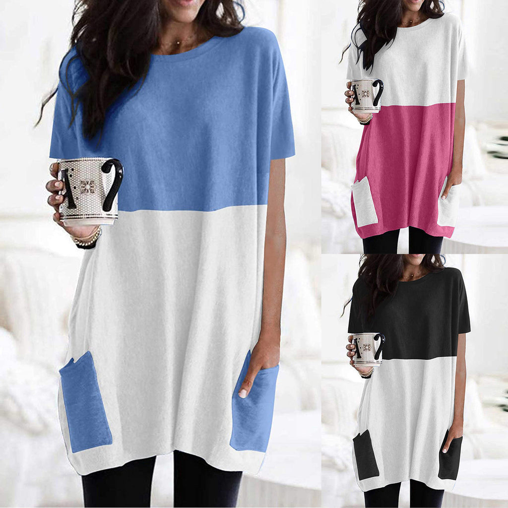 Solid Color Stitching Pocket Round Neck Short-sleeved T-shirt 2 Sections