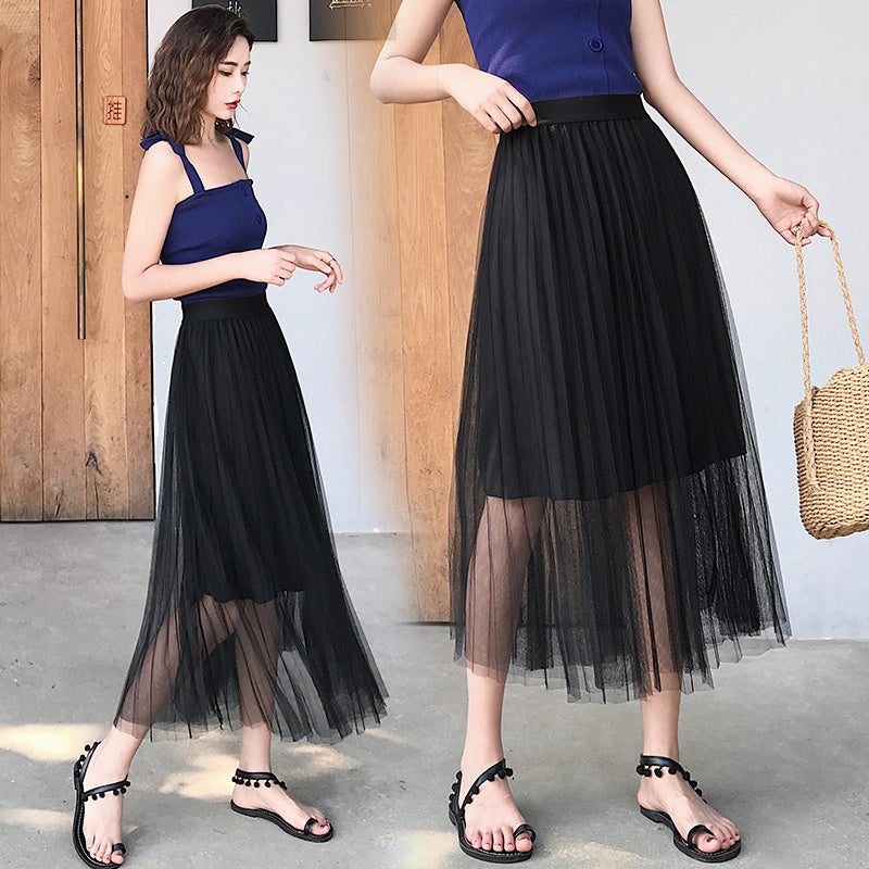 High Waist Mid-length Pleated Draped Yarn Skirt