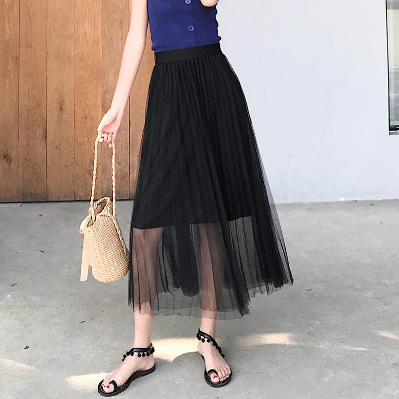 High Waist Mid-length Pleated Draped Yarn Skirt