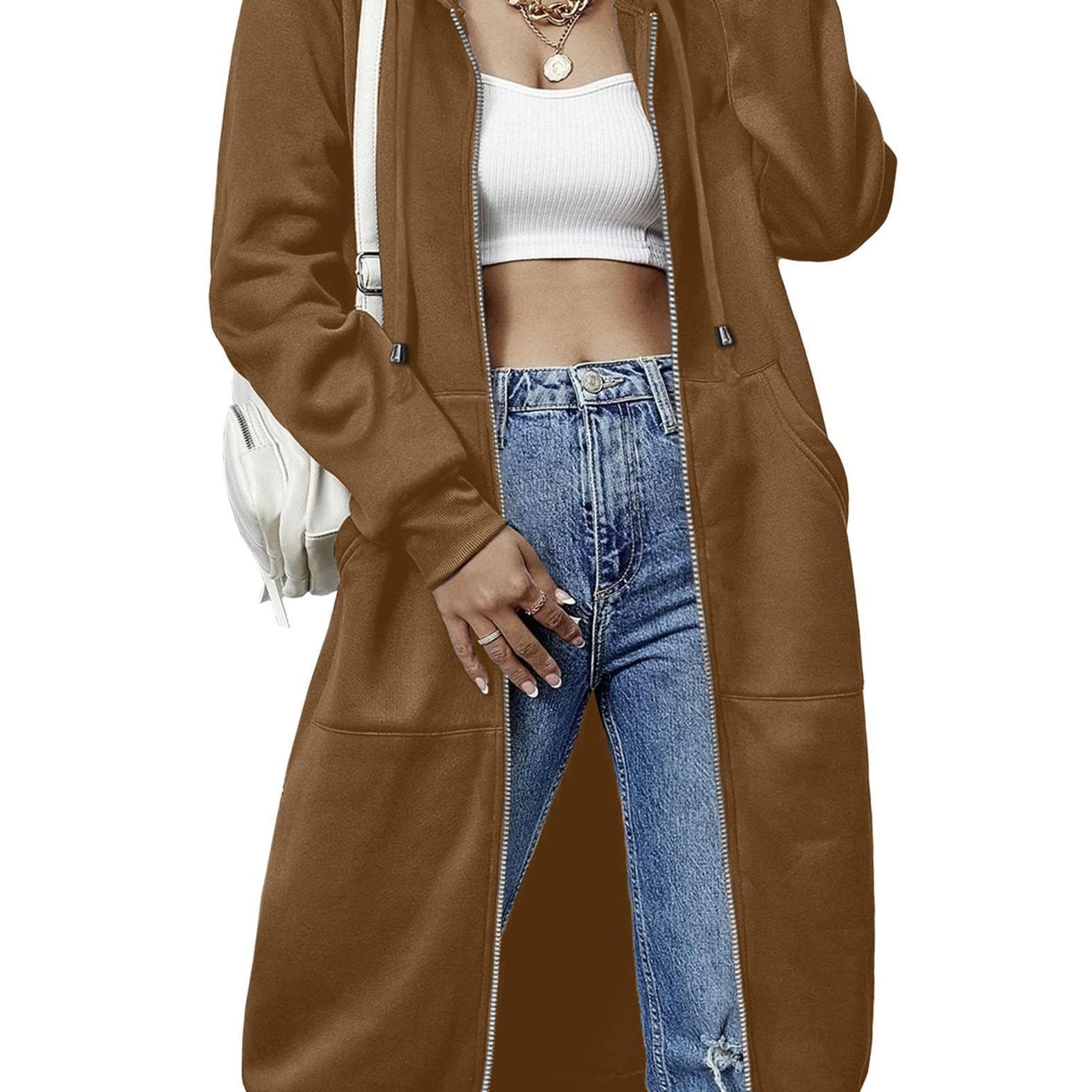 Women'S Casual Long Zip Hoodie Sweatshirt With Drawstring H