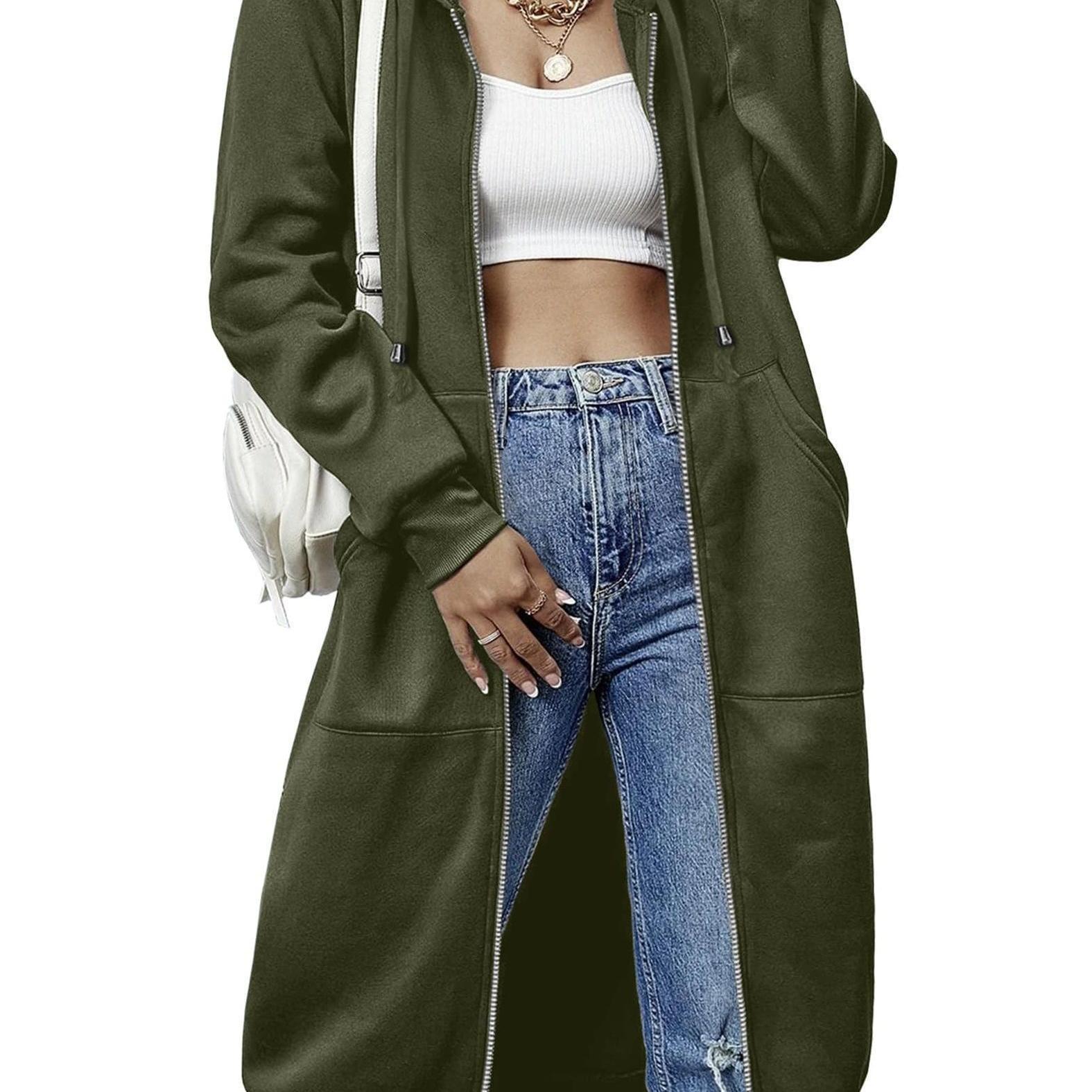 Women'S Casual Long Zip Hoodie Sweatshirt With Drawstring H