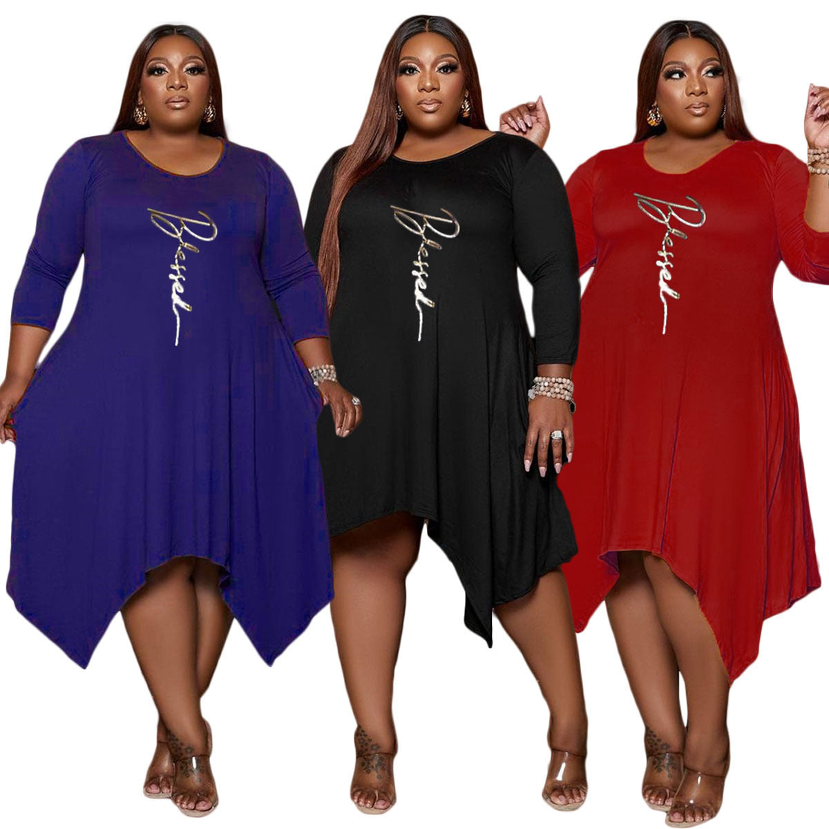 Plus Size Printed Irregular Swing Pocket Dress