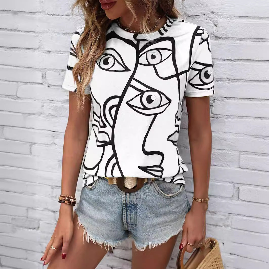 Figures Pattern Printed Crew Neck Casual T-shirt Large Size Letters Printed Summer Casual And Comfortable