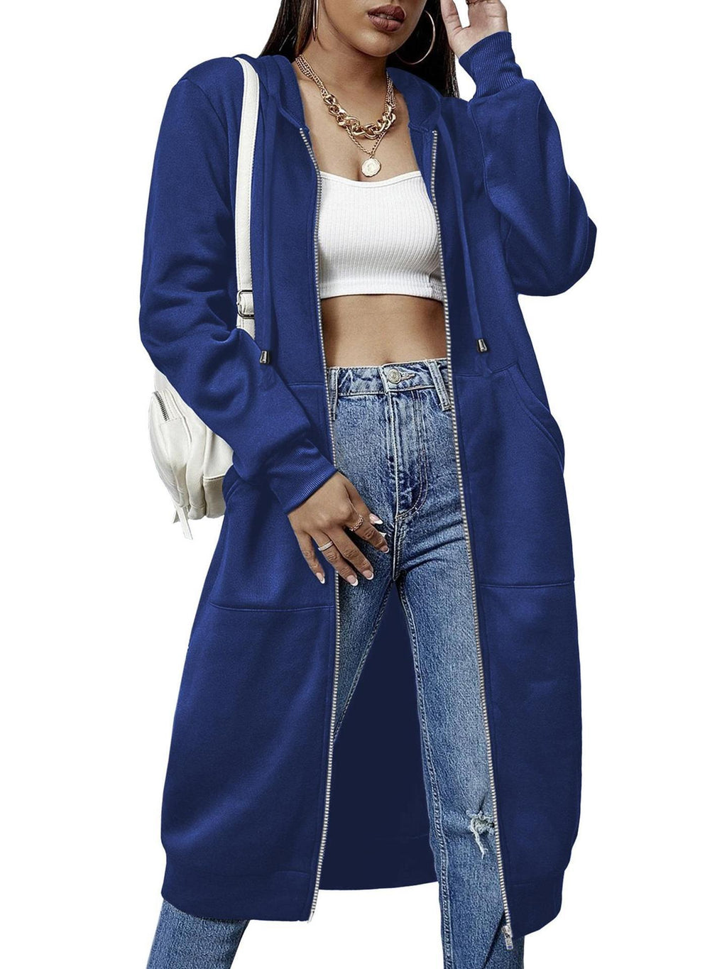 Women'S Casual Long Zip Hoodie Sweatshirt With Drawstring H