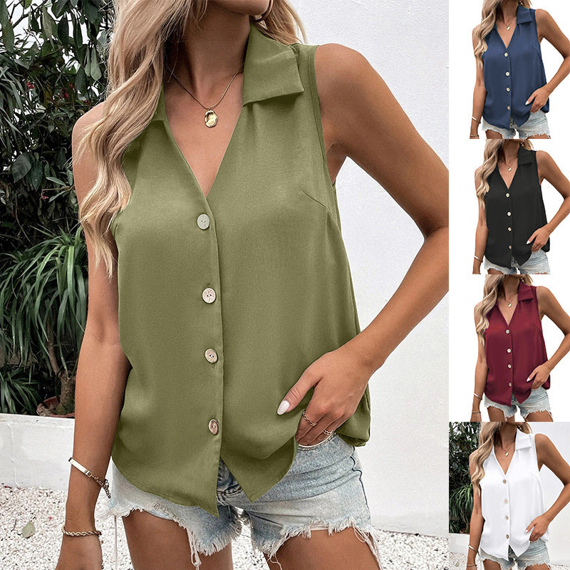 Women's Fashion Solid Color And V-neck Loose Chiffon Shirt Sleeveless Button Vest