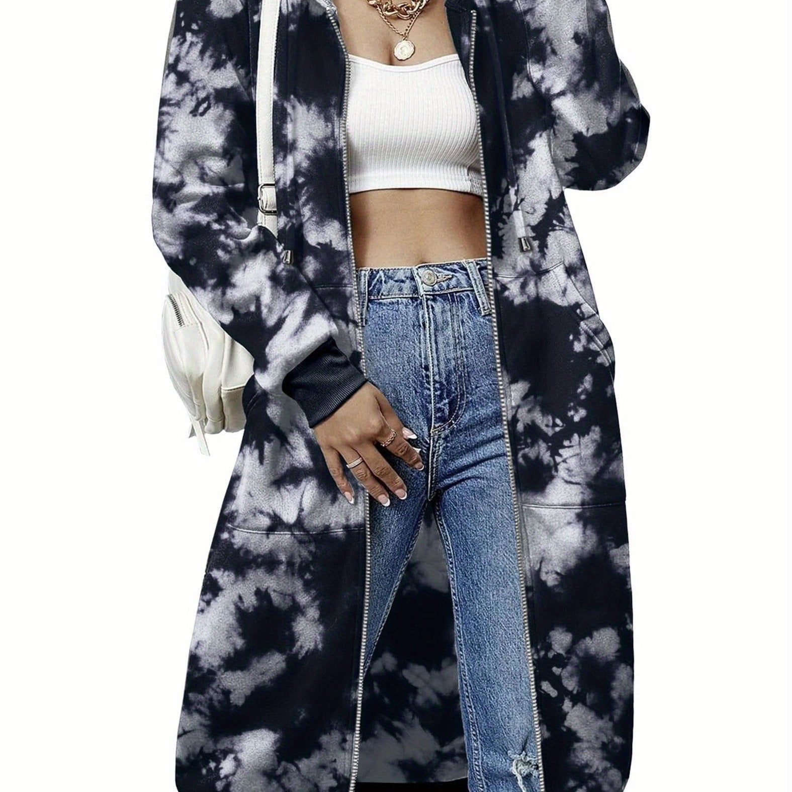 Women'S Casual Long Zip Hoodie Sweatshirt With Drawstring H