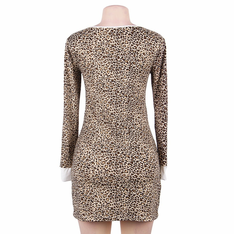 Women's Fashion Simple Leopard Print Long-sleeved Pajamas Home Nightdress