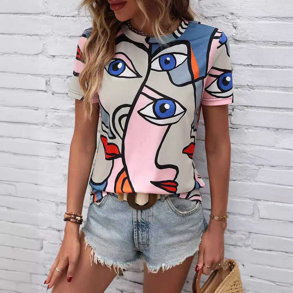 Figures Pattern Printed Crew Neck Casual T-shirt Large Size Letters Printed Summer Casual And Comfortable