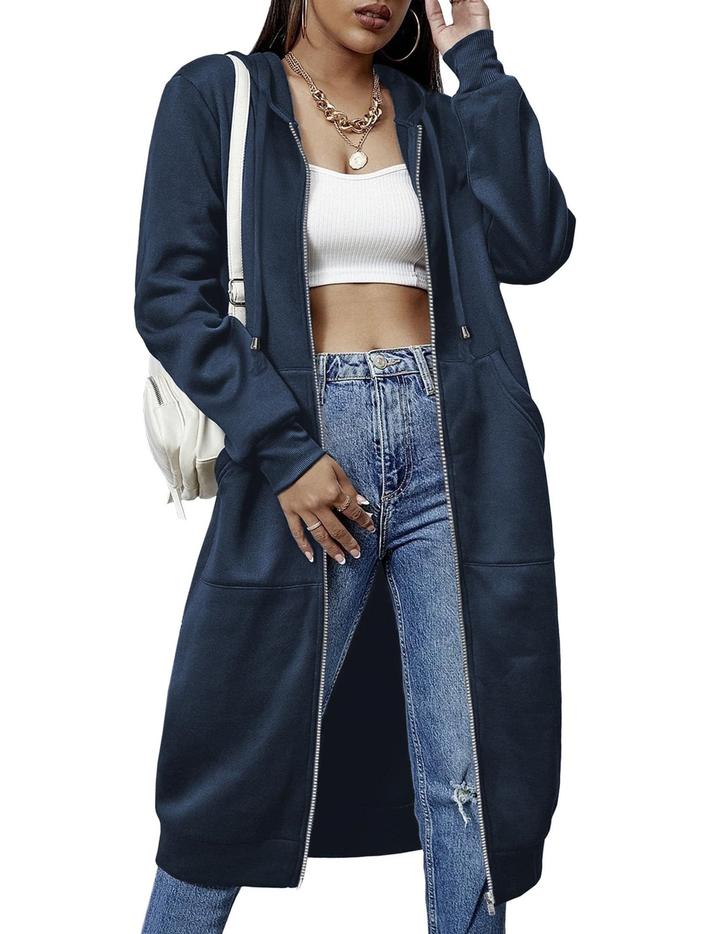 Women'S Casual Long Zip Hoodie Sweatshirt With Drawstring H