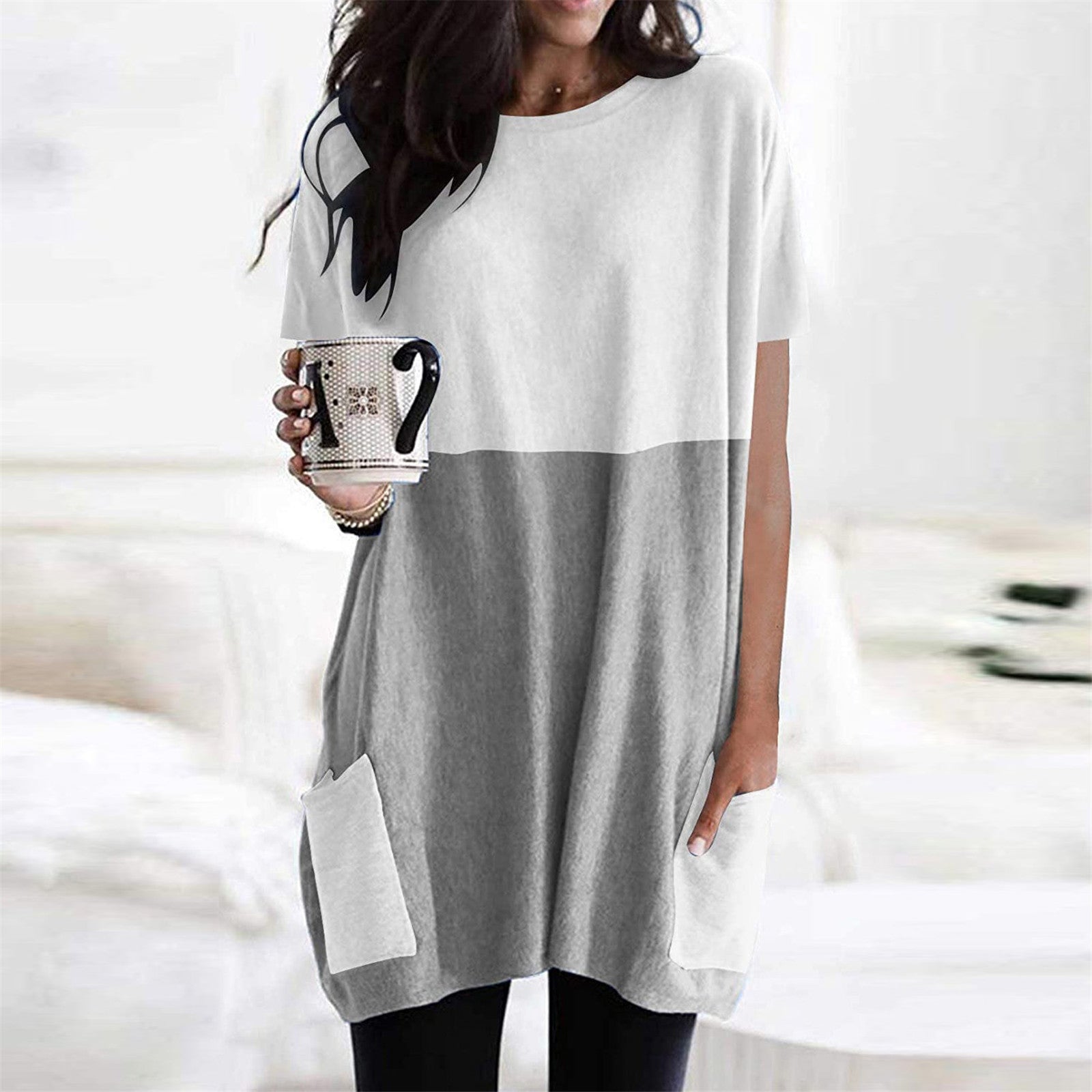 Solid Color Stitching Pocket Round Neck Short-sleeved T-shirt 2 Sections