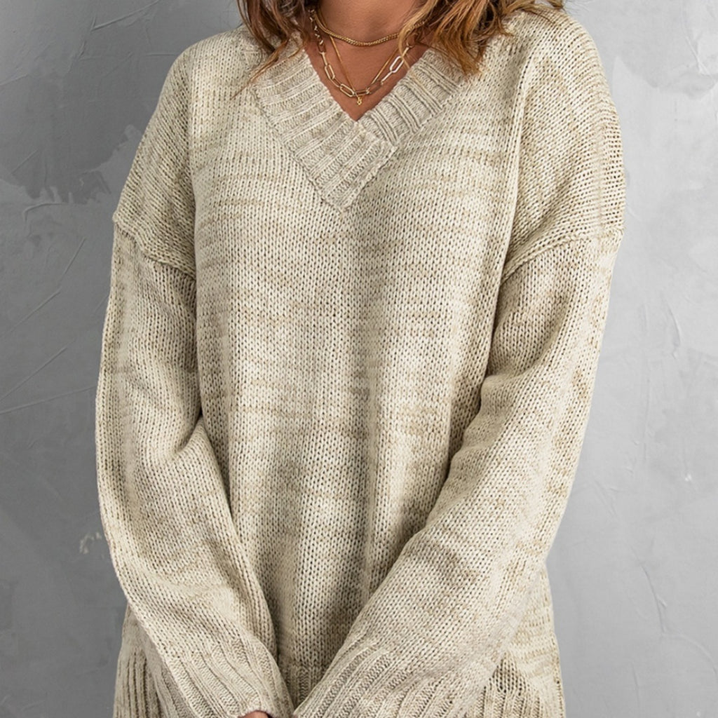 Khaki V Neck Drop Shoulder Knitted Sweater