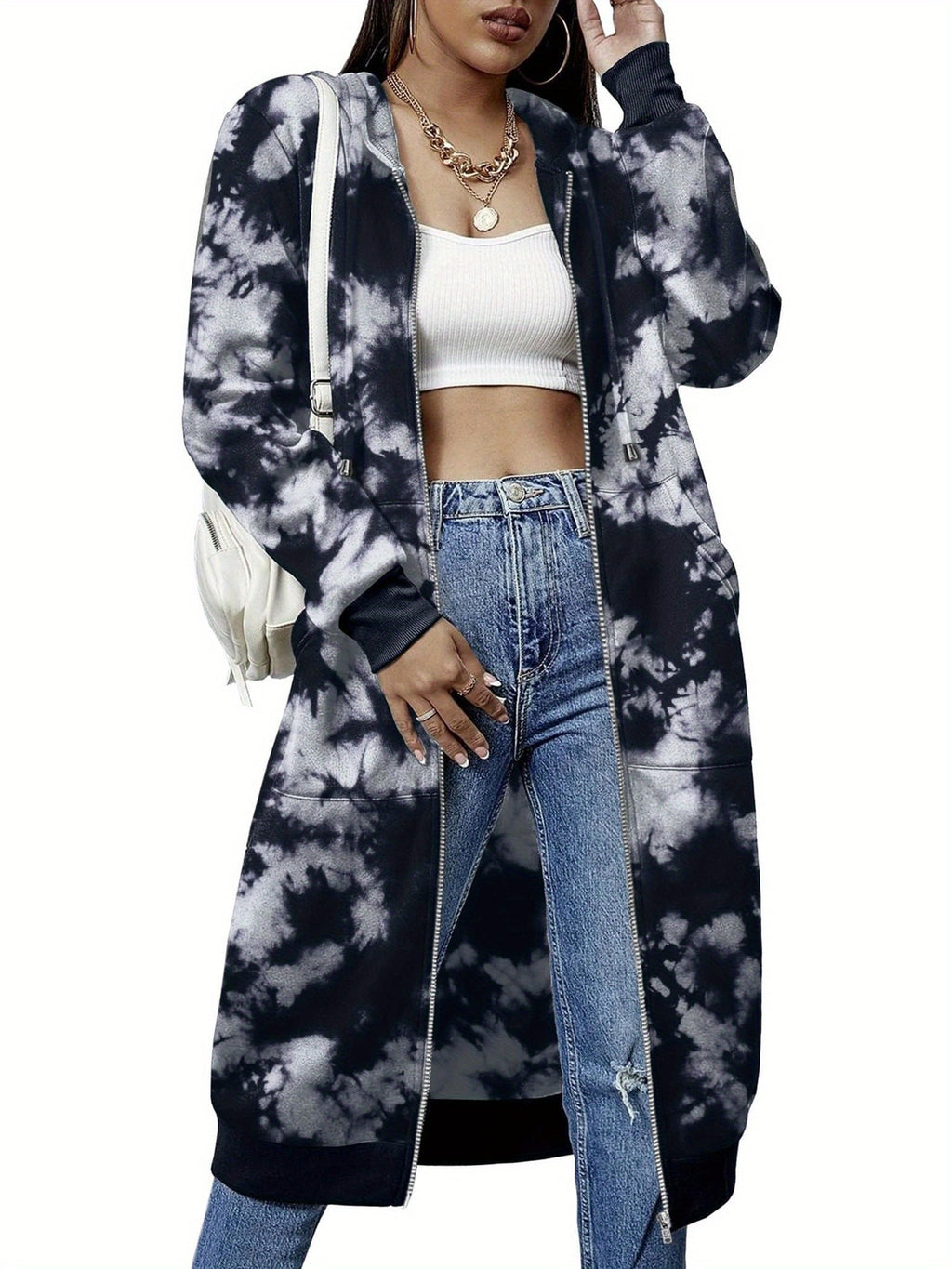 Women'S Casual Long Zip Hoodie Sweatshirt With Drawstring H