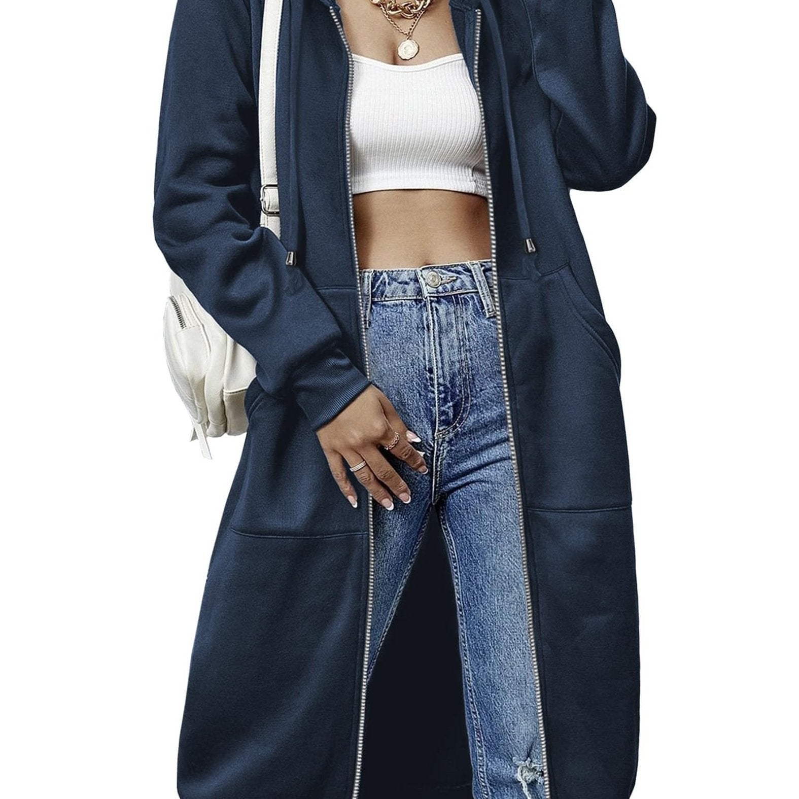 Women'S Casual Long Zip Hoodie Sweatshirt With Drawstring H