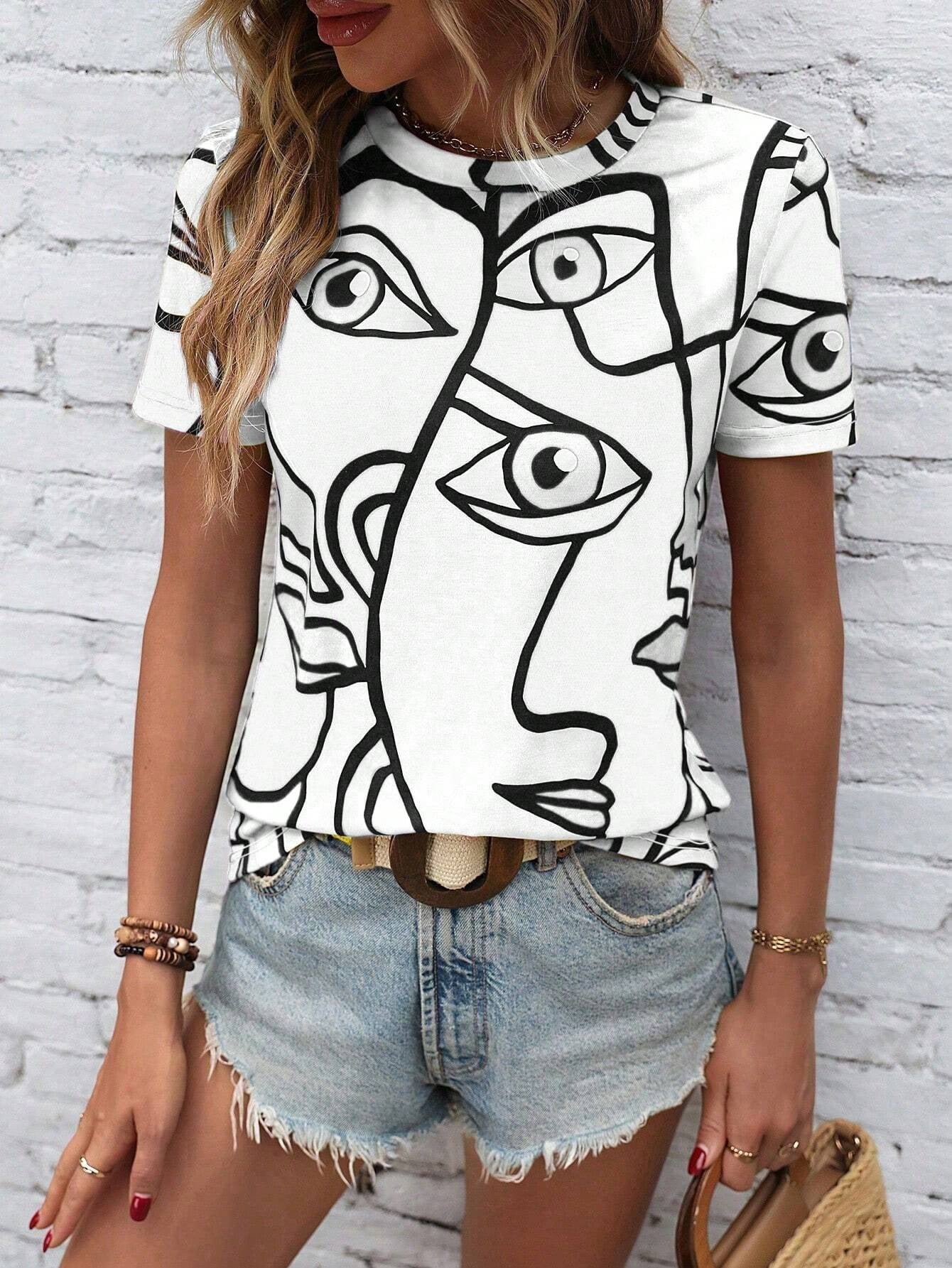 Figures Pattern Printed Crew Neck Casual T-shirt Large Size Letters Printed Summer Casual And Comfortable