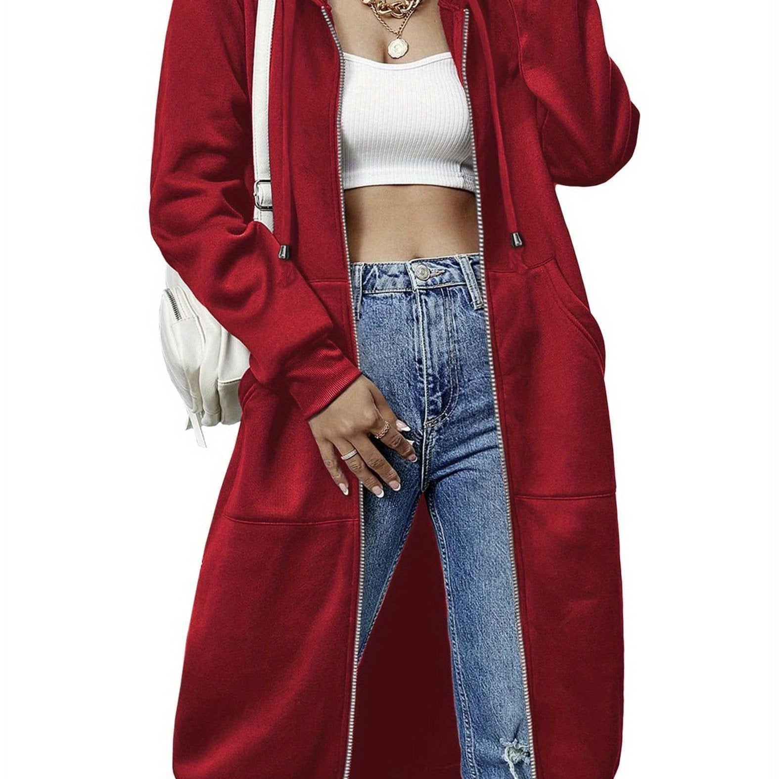 Women'S Casual Long Zip Hoodie Sweatshirt With Drawstring H